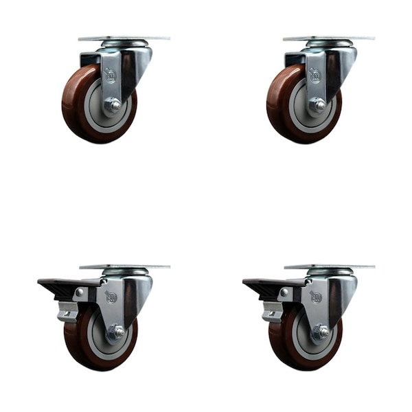 3.5'' Maroon Poly Wheel Swivel Top Plate Caster Set with 2 Posi Brakes, 4PK